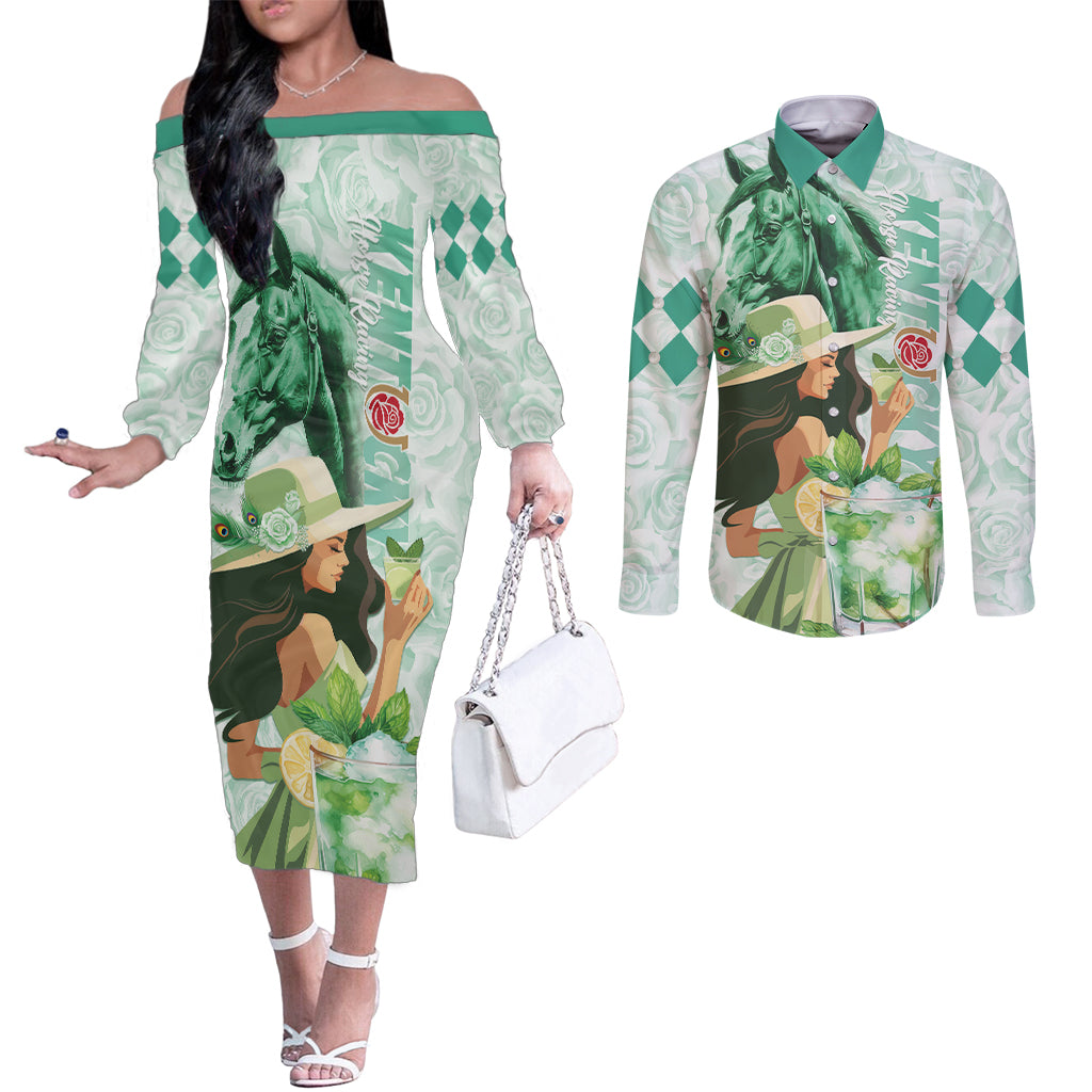 Kentucky Horse Racing Couples Matching Off The Shoulder Long Sleeve Dress and Long Sleeve Button Shirt Fancy Lady With Derby Mint Julep Cocktail