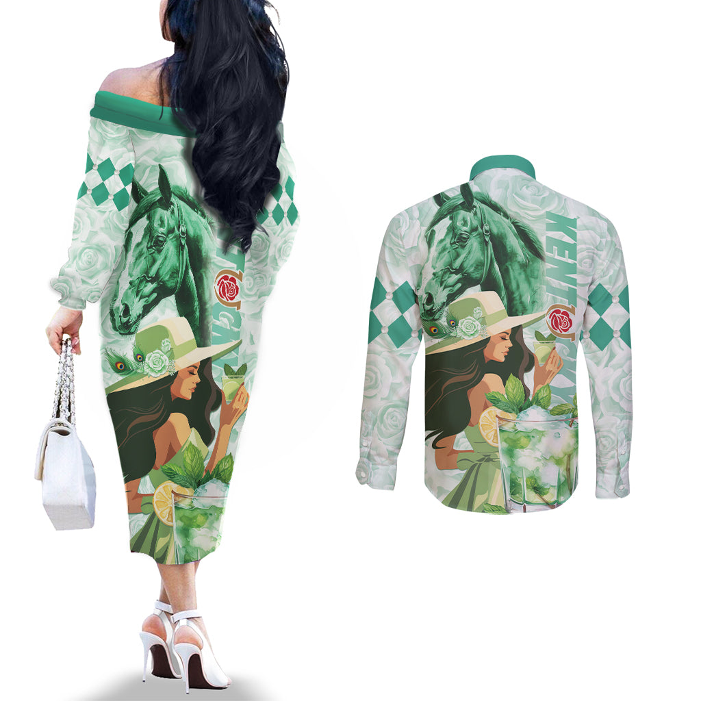 Kentucky Horse Racing Couples Matching Off The Shoulder Long Sleeve Dress and Long Sleeve Button Shirt Fancy Lady With Derby Mint Julep Cocktail