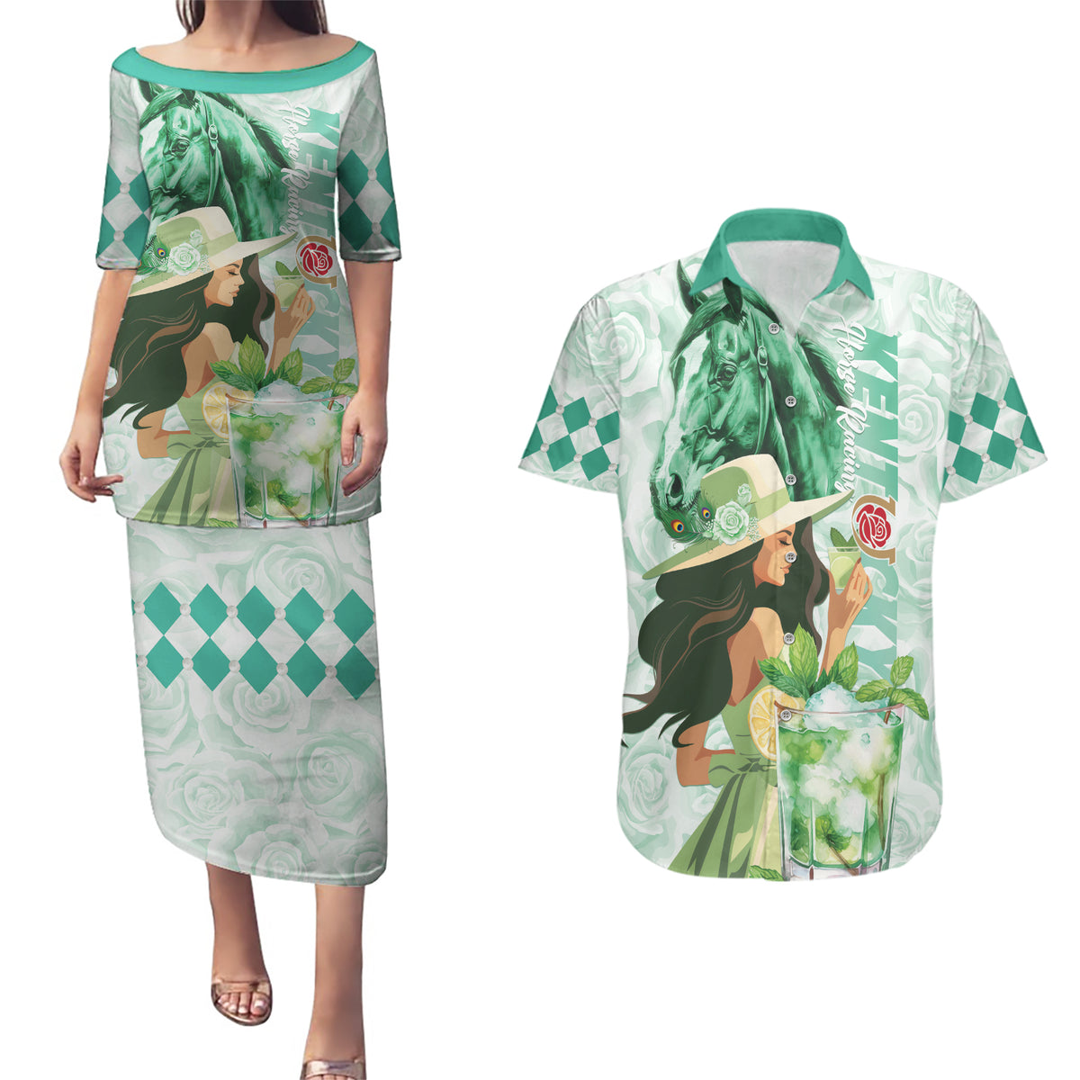 Kentucky Horse Racing Couples Matching Puletasi and Hawaiian Shirt Fancy Lady With Derby Mint Julep Cocktail - Wonder Print Shop