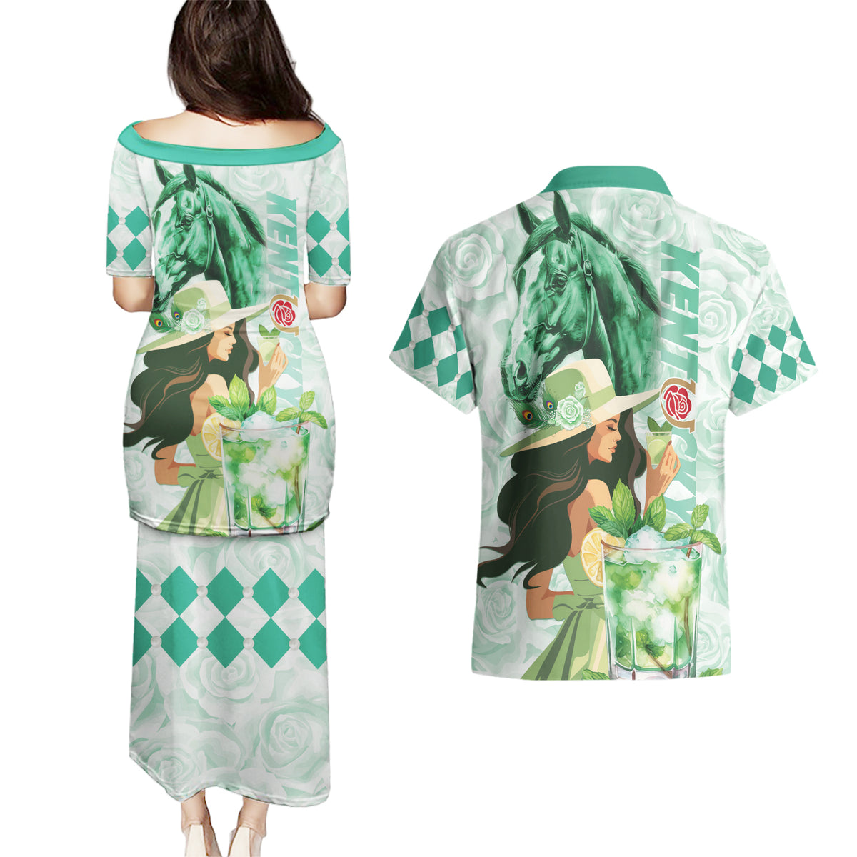 Kentucky Horse Racing Couples Matching Puletasi and Hawaiian Shirt Fancy Lady With Derby Mint Julep Cocktail - Wonder Print Shop