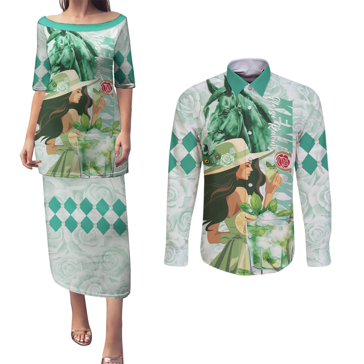 Kentucky Horse Racing Couples Matching Puletasi and Long Sleeve Button Shirt Fancy Lady With Derby Mint Julep Cocktail - Wonder Print Shop