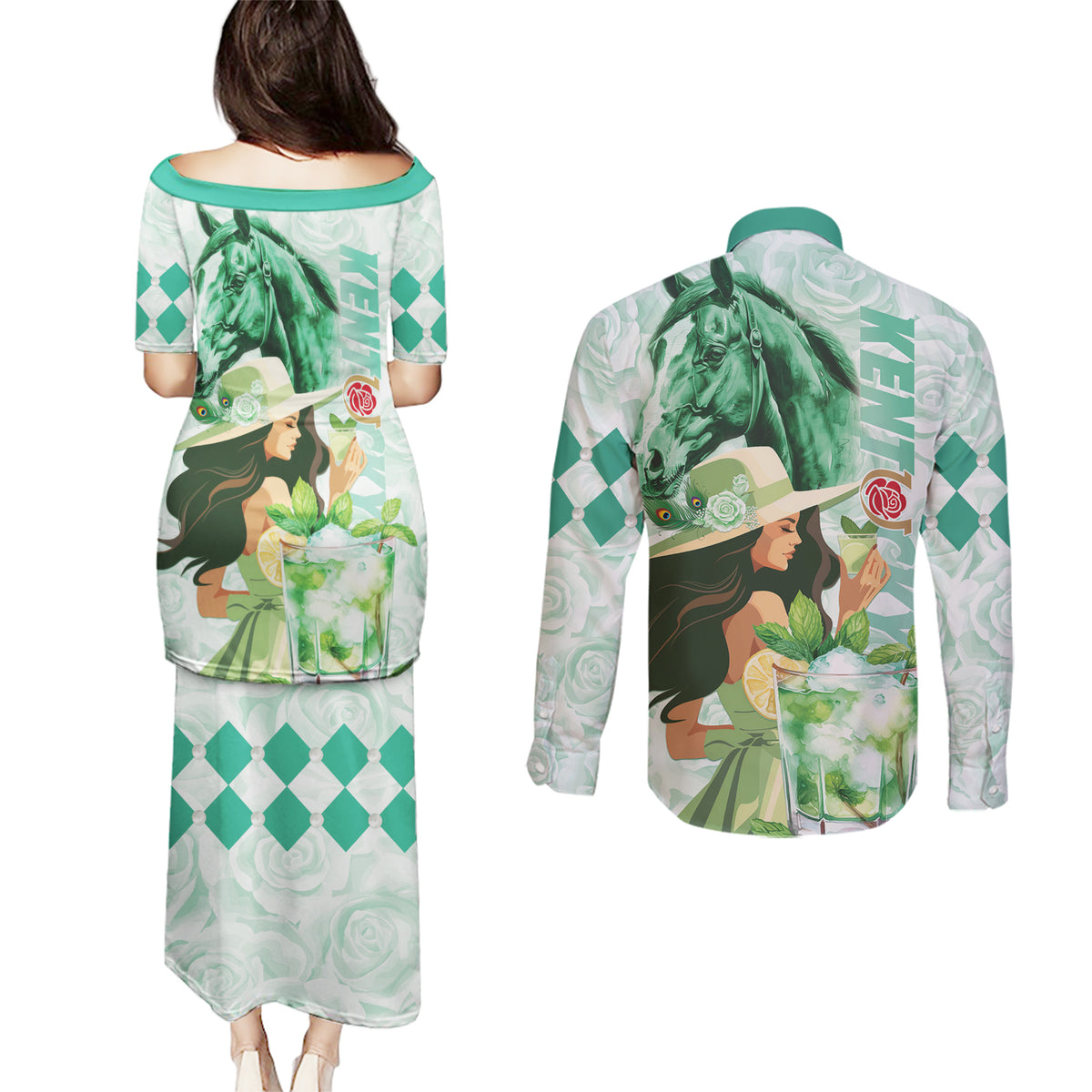 Kentucky Horse Racing Couples Matching Puletasi and Long Sleeve Button Shirt Fancy Lady With Derby Mint Julep Cocktail - Wonder Print Shop