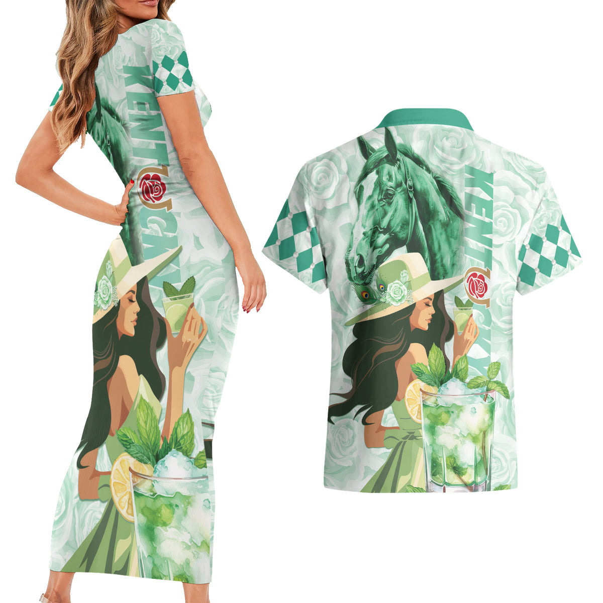 Kentucky Horse Racing Couples Matching Short Sleeve Bodycon Dress and Hawaiian Shirt Fancy Lady With Derby Mint Julep Cocktail - Wonder Print Shop