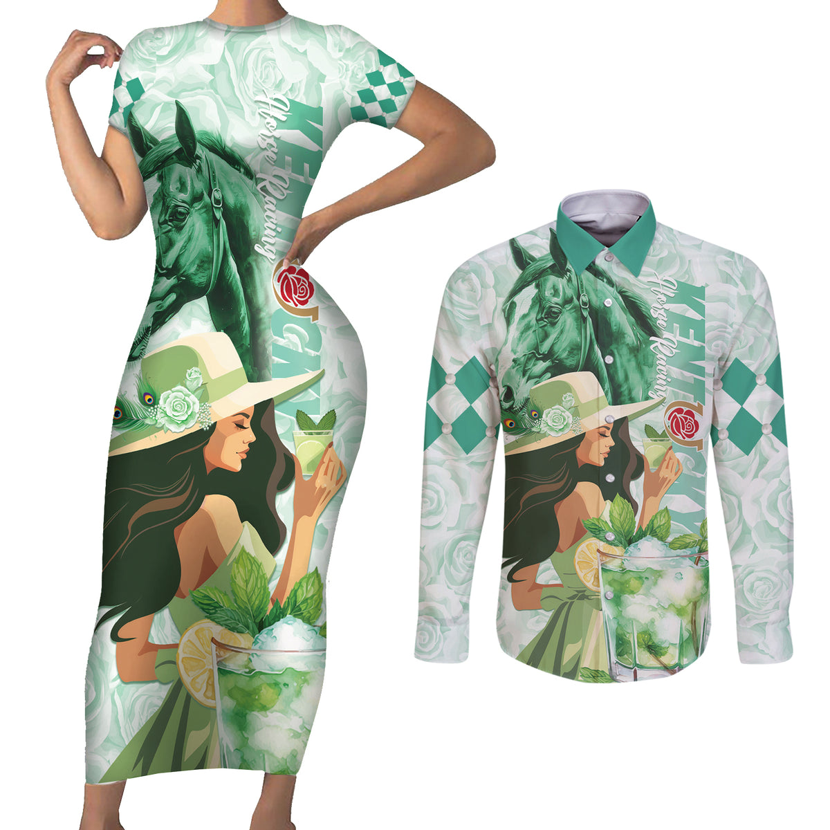 Kentucky Horse Racing Couples Matching Short Sleeve Bodycon Dress and Long Sleeve Button Shirt Fancy Lady With Derby Mint Julep Cocktail - Wonder Print Shop
