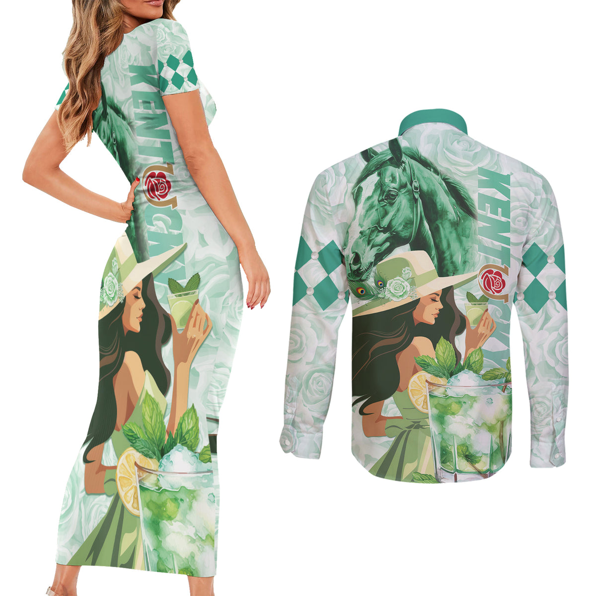 Kentucky Horse Racing Couples Matching Short Sleeve Bodycon Dress and Long Sleeve Button Shirt Fancy Lady With Derby Mint Julep Cocktail - Wonder Print Shop