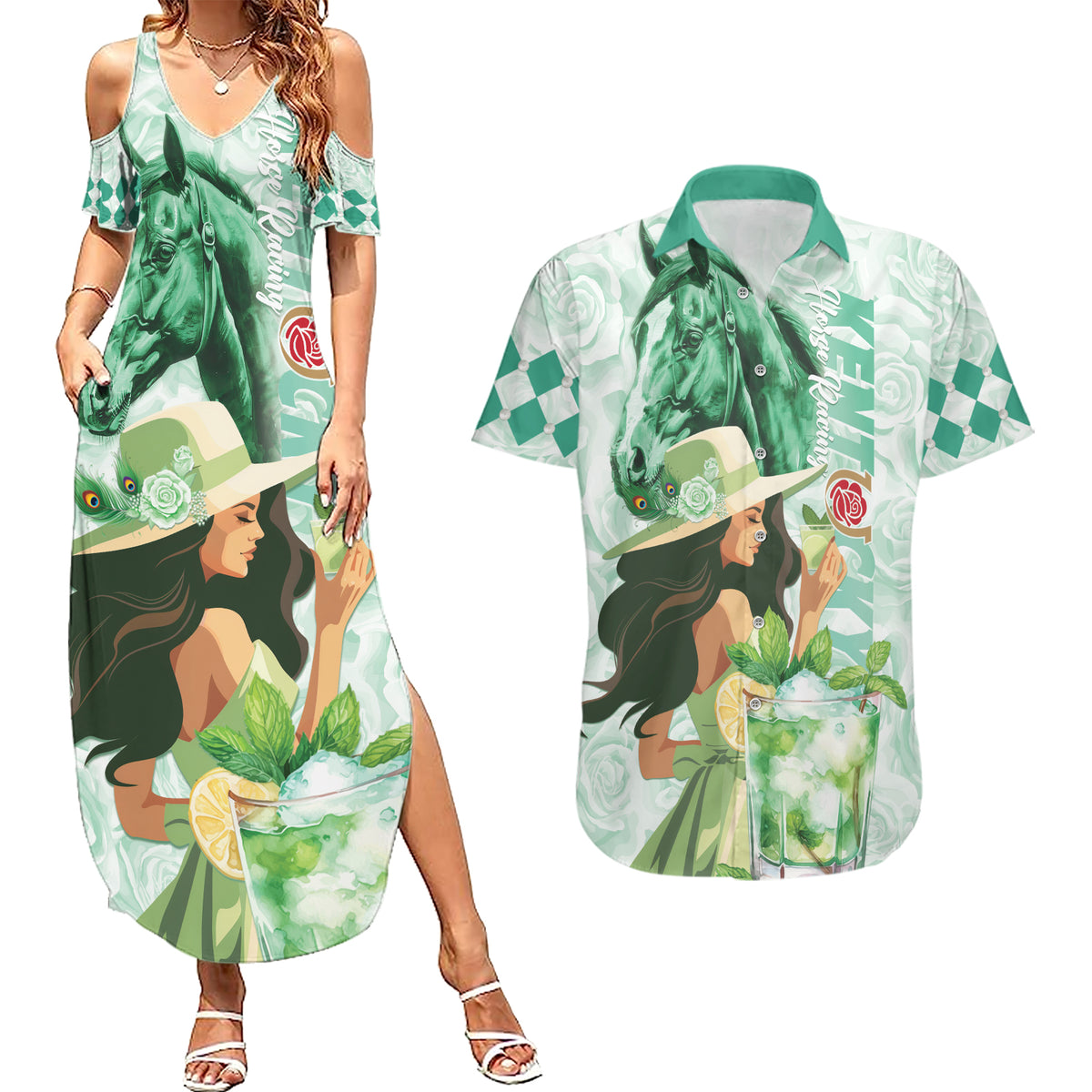 Kentucky Horse Racing Couples Matching Summer Maxi Dress and Hawaiian Shirt Fancy Lady With Derby Mint Julep Cocktail - Wonder Print Shop