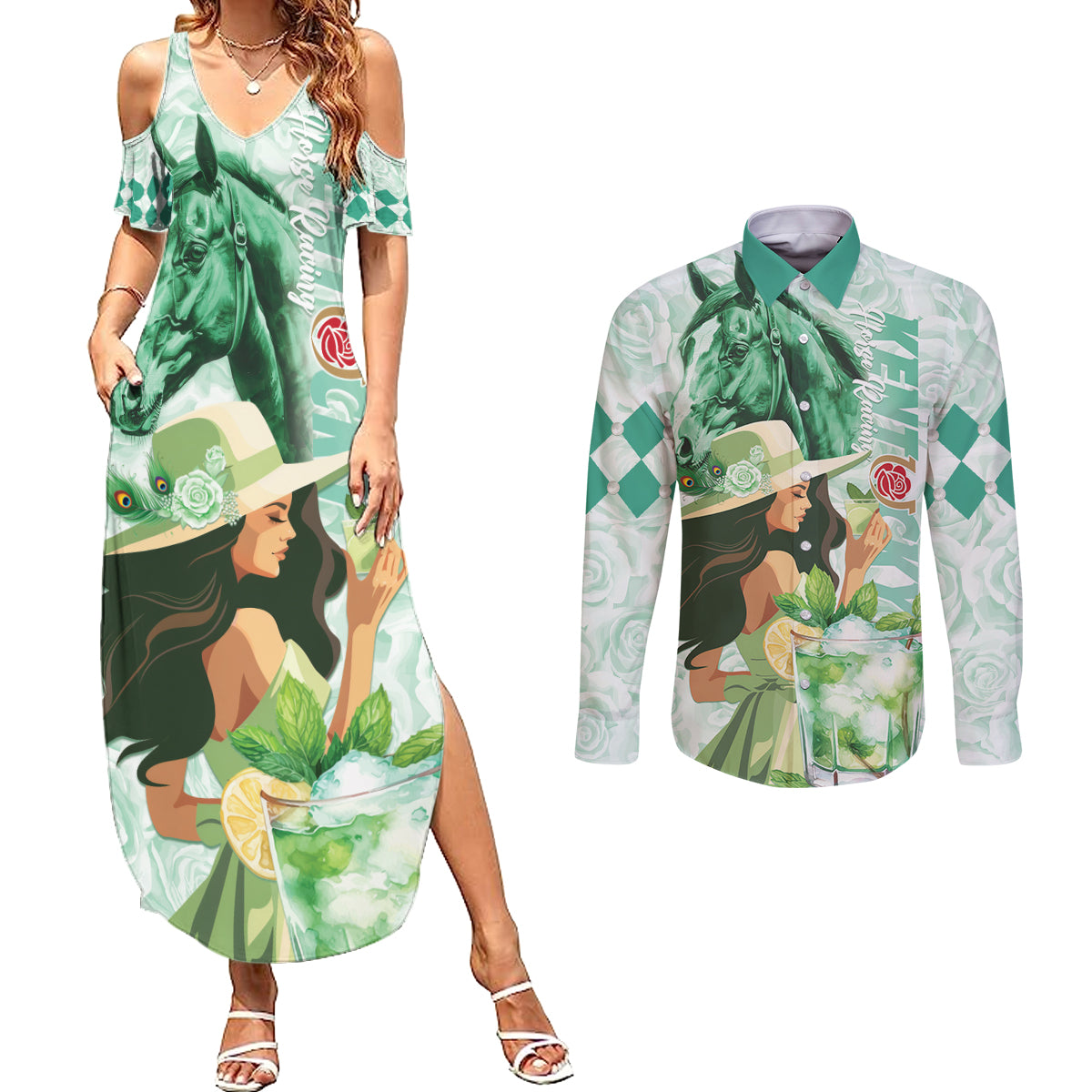 Kentucky Horse Racing Couples Matching Summer Maxi Dress and Long Sleeve Button Shirt Fancy Lady With Derby Mint Julep Cocktail - Wonder Print Shop