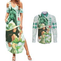 Kentucky Horse Racing Couples Matching Summer Maxi Dress and Long Sleeve Button Shirt Fancy Lady With Derby Mint Julep Cocktail - Wonder Print Shop