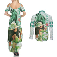 Kentucky Horse Racing Couples Matching Summer Maxi Dress and Long Sleeve Button Shirt Fancy Lady With Derby Mint Julep Cocktail - Wonder Print Shop