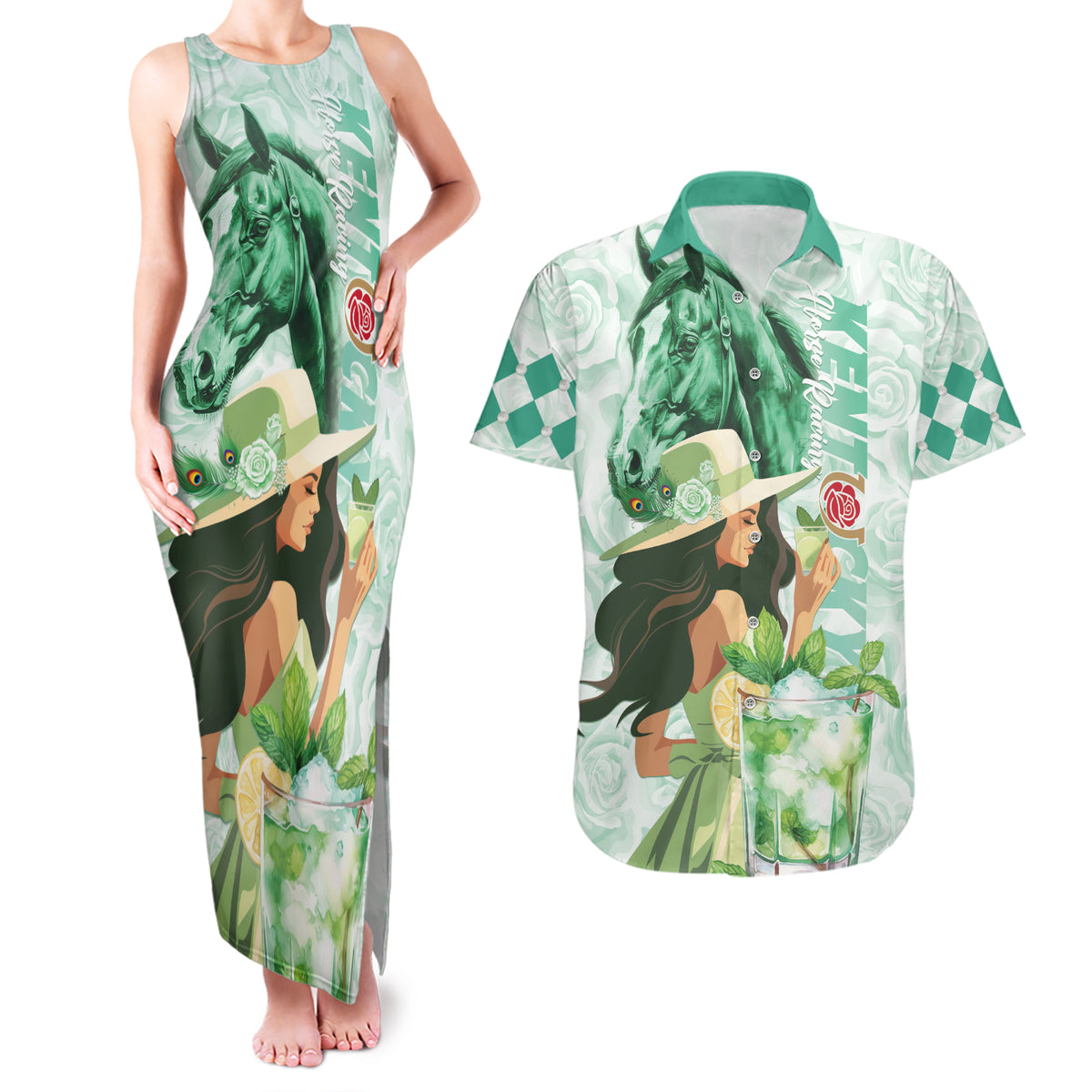 Kentucky Horse Racing Couples Matching Tank Maxi Dress and Hawaiian Shirt Fancy Lady With Derby Mint Julep Cocktail - Wonder Print Shop