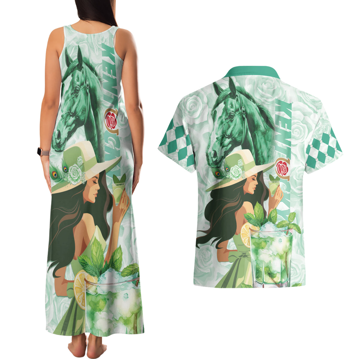 Kentucky Horse Racing Couples Matching Tank Maxi Dress and Hawaiian Shirt Fancy Lady With Derby Mint Julep Cocktail - Wonder Print Shop
