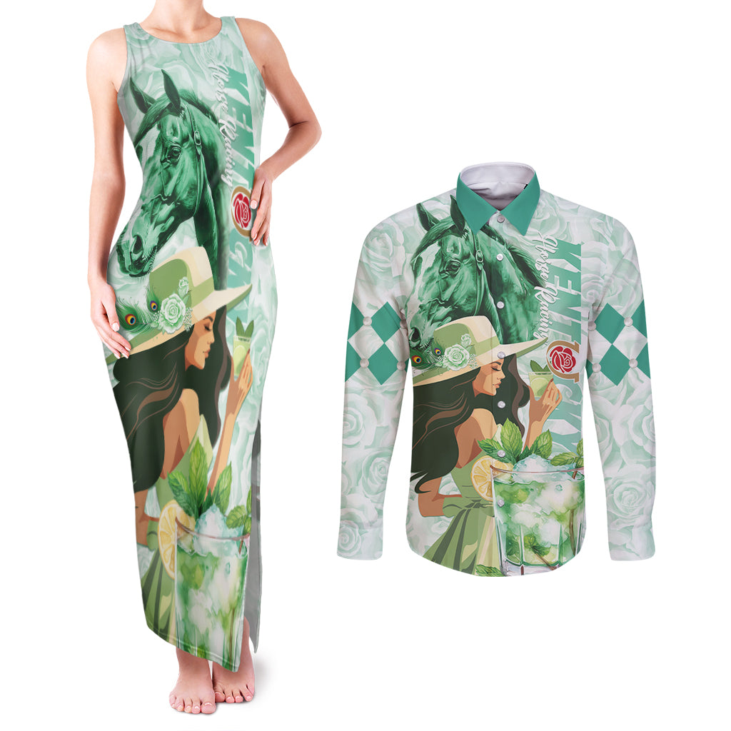 Kentucky Horse Racing Couples Matching Tank Maxi Dress and Long Sleeve Button Shirt Fancy Lady With Derby Mint Julep Cocktail - Wonder Print Shop