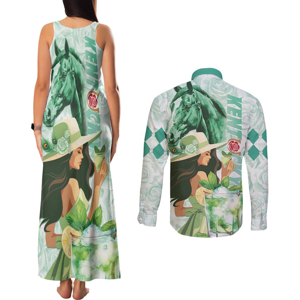 Kentucky Horse Racing Couples Matching Tank Maxi Dress and Long Sleeve Button Shirt Fancy Lady With Derby Mint Julep Cocktail - Wonder Print Shop