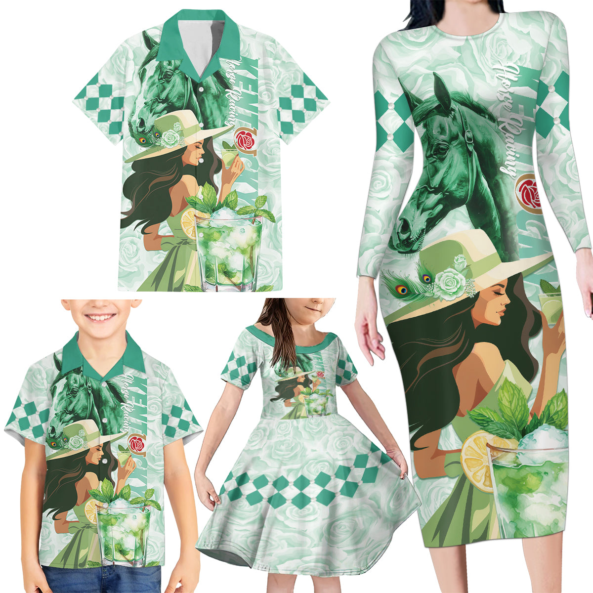 Kentucky Horse Racing Family Matching Long Sleeve Bodycon Dress and Hawaiian Shirt Fancy Lady With Derby Mint Julep Cocktail - Wonder Print Shop