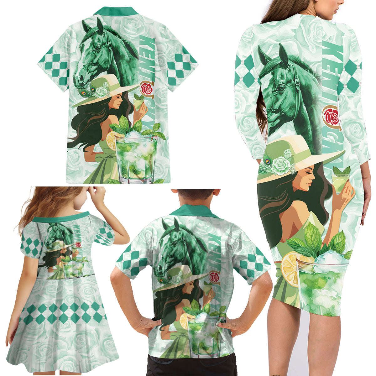 Kentucky Horse Racing Family Matching Long Sleeve Bodycon Dress and Hawaiian Shirt Fancy Lady With Derby Mint Julep Cocktail - Wonder Print Shop
