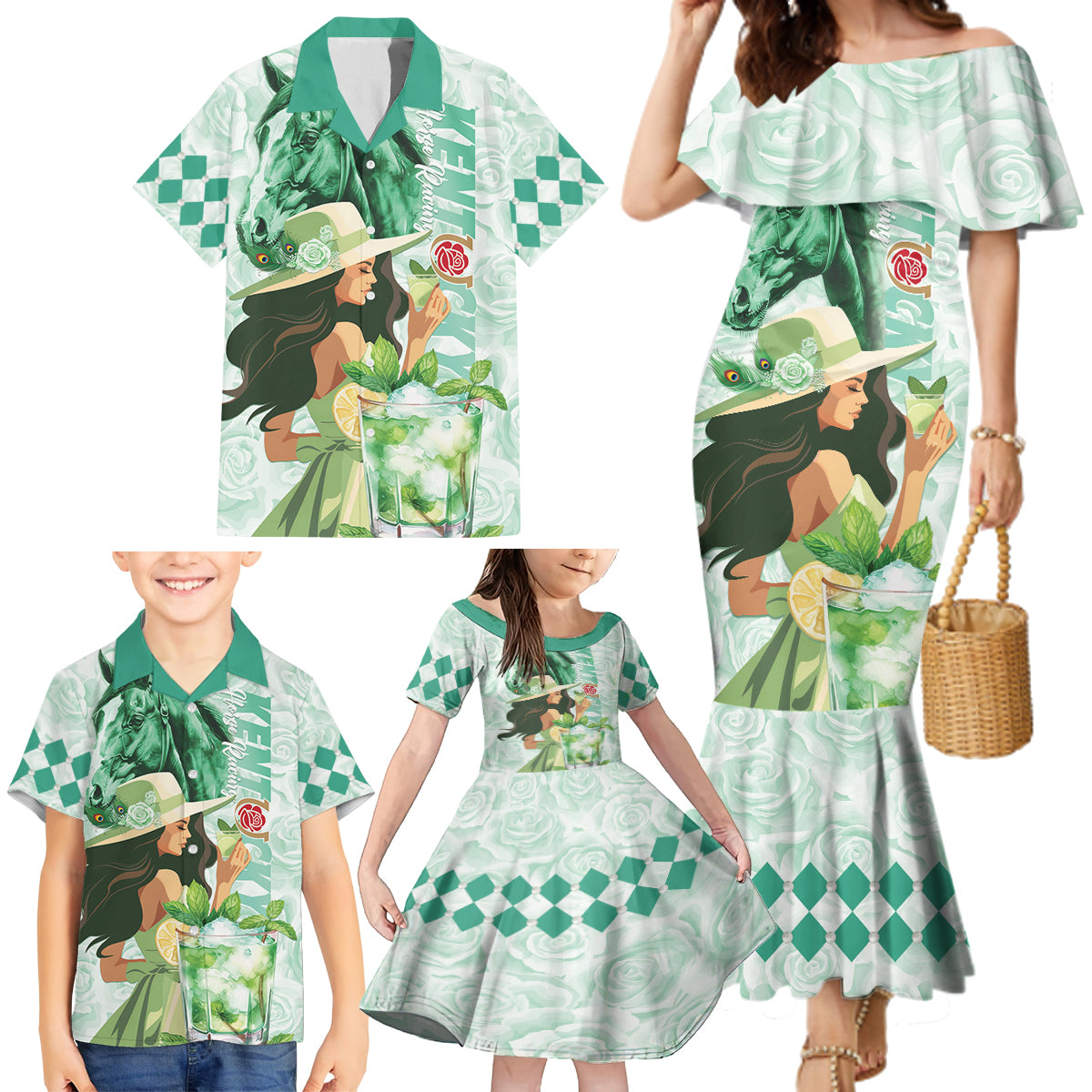 Kentucky Horse Racing Family Matching Mermaid Dress and Hawaiian Shirt Fancy Lady With Derby Mint Julep Cocktail - Wonder Print Shop