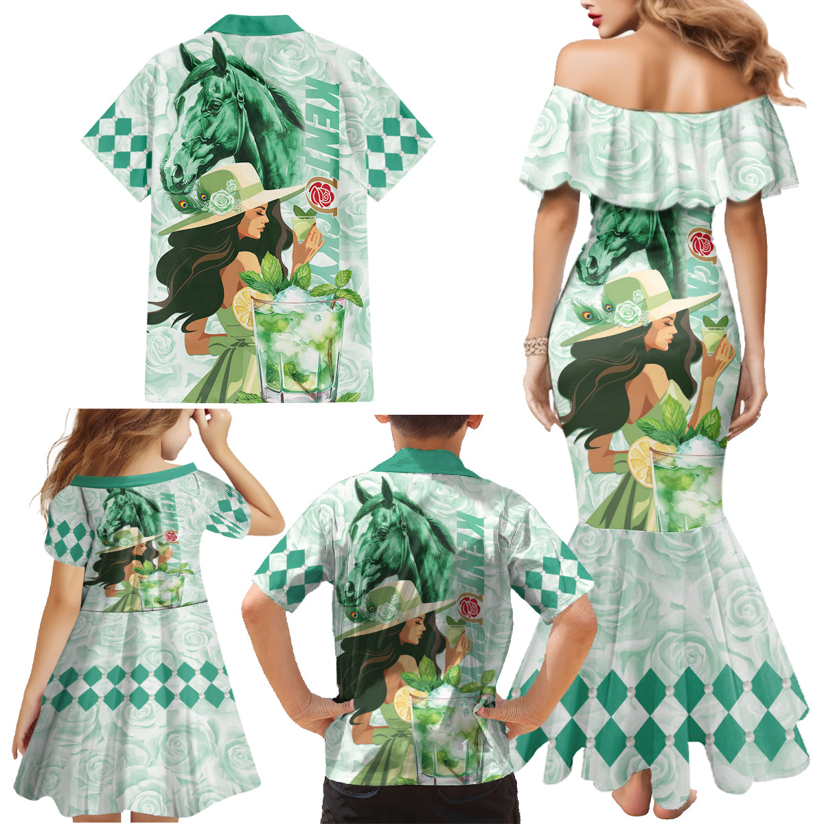 Kentucky Horse Racing Family Matching Mermaid Dress and Hawaiian Shirt Fancy Lady With Derby Mint Julep Cocktail - Wonder Print Shop
