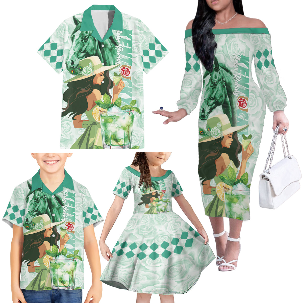 Kentucky Horse Racing Family Matching Off The Shoulder Long Sleeve Dress and Hawaiian Shirt Fancy Lady With Derby Mint Julep Cocktail - Wonder Print Shop