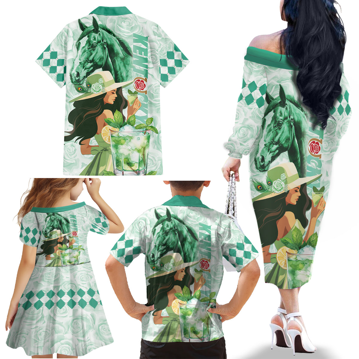 Kentucky Horse Racing Family Matching Off The Shoulder Long Sleeve Dress and Hawaiian Shirt Fancy Lady With Derby Mint Julep Cocktail - Wonder Print Shop