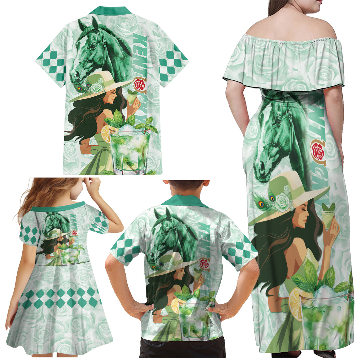 Kentucky Horse Racing Family Matching Off Shoulder Maxi Dress and Hawaiian Shirt Fancy Lady With Derby Mint Julep Cocktail - Wonder Print Shop
