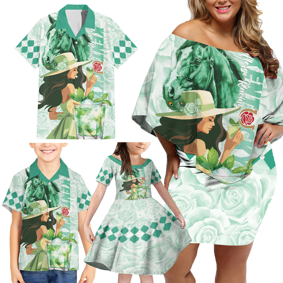 Kentucky Horse Racing Family Matching Off Shoulder Short Dress and Hawaiian Shirt Fancy Lady With Derby Mint Julep Cocktail - Wonder Print Shop