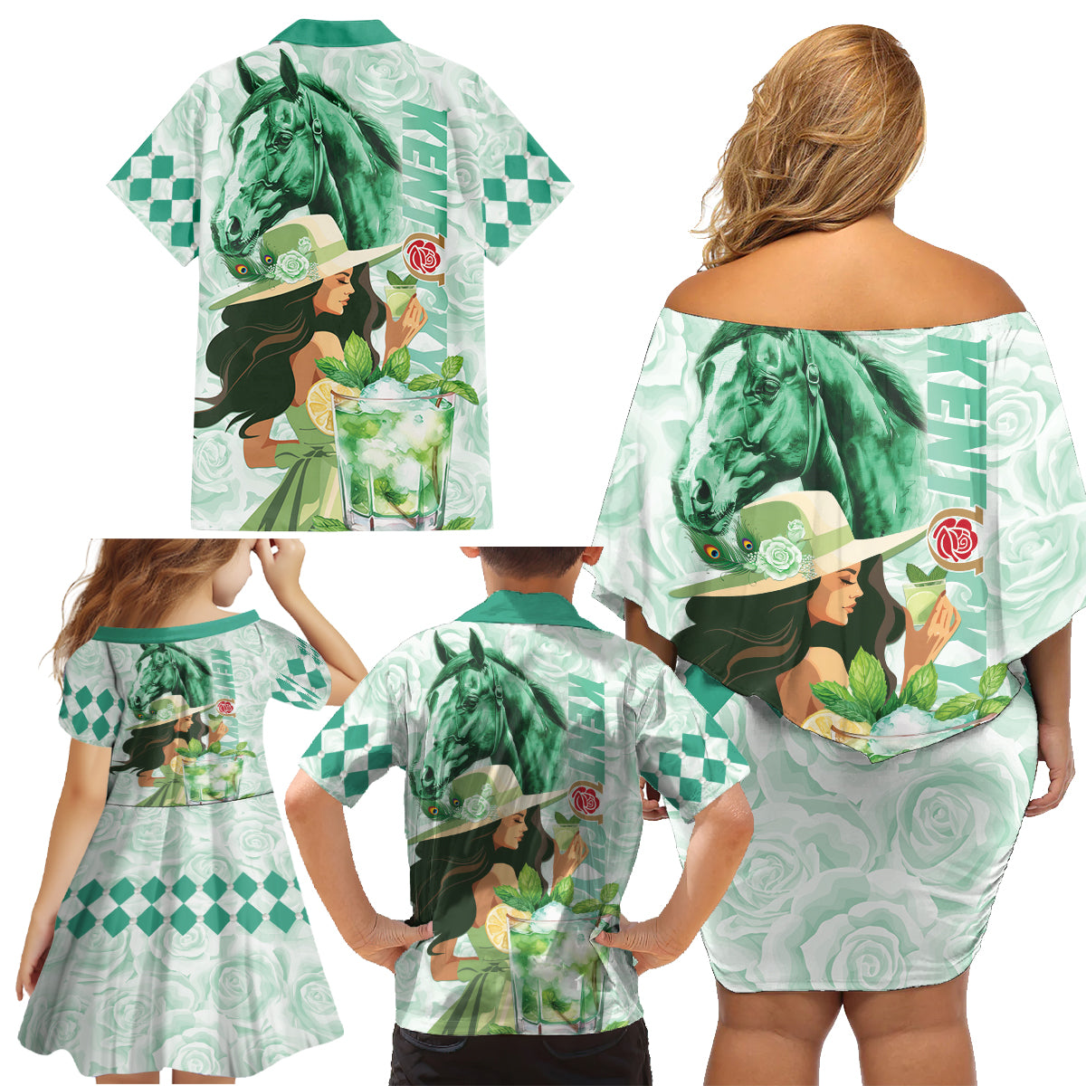 Kentucky Horse Racing Family Matching Off Shoulder Short Dress and Hawaiian Shirt Fancy Lady With Derby Mint Julep Cocktail - Wonder Print Shop