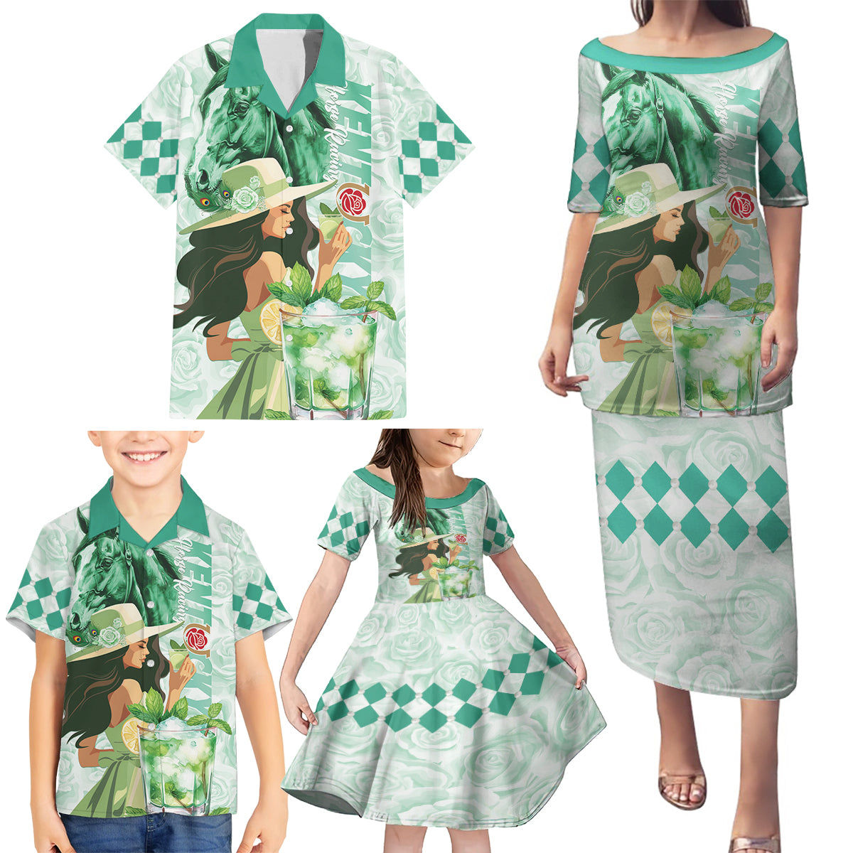 Kentucky Horse Racing Family Matching Puletasi and Hawaiian Shirt Fancy Lady With Derby Mint Julep Cocktail - Wonder Print Shop