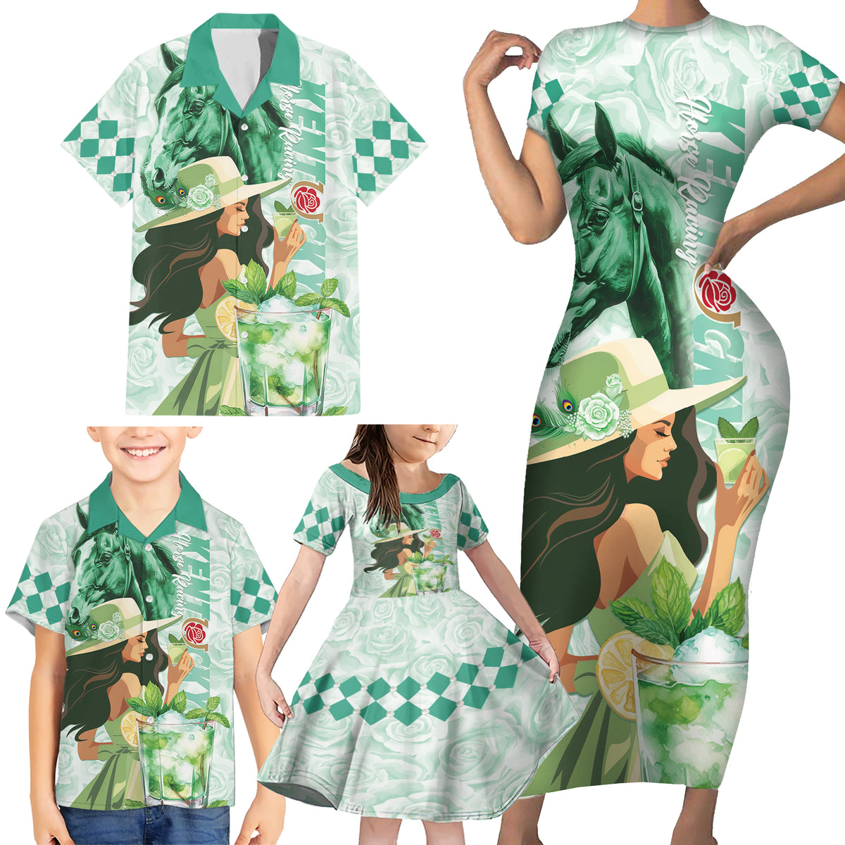 Kentucky Horse Racing Family Matching Short Sleeve Bodycon Dress and Hawaiian Shirt Fancy Lady With Derby Mint Julep Cocktail - Wonder Print Shop