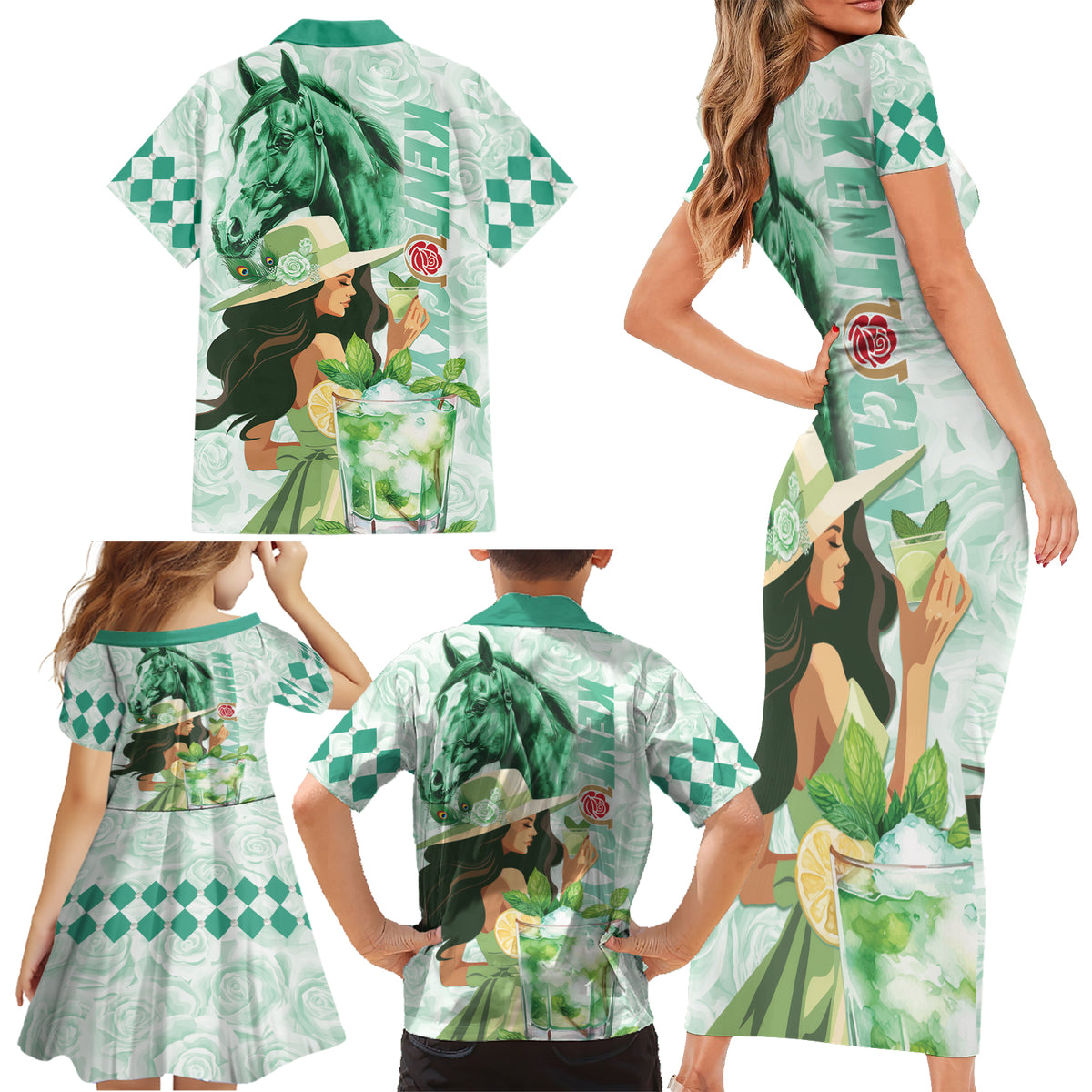 Kentucky Horse Racing Family Matching Short Sleeve Bodycon Dress and Hawaiian Shirt Fancy Lady With Derby Mint Julep Cocktail - Wonder Print Shop