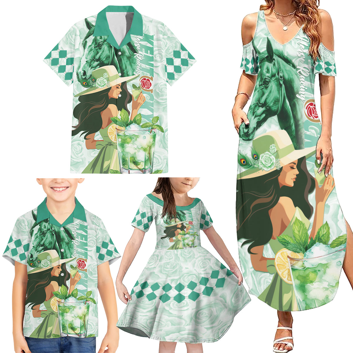 Kentucky Horse Racing Family Matching Summer Maxi Dress and Hawaiian Shirt Fancy Lady With Derby Mint Julep Cocktail - Wonder Print Shop