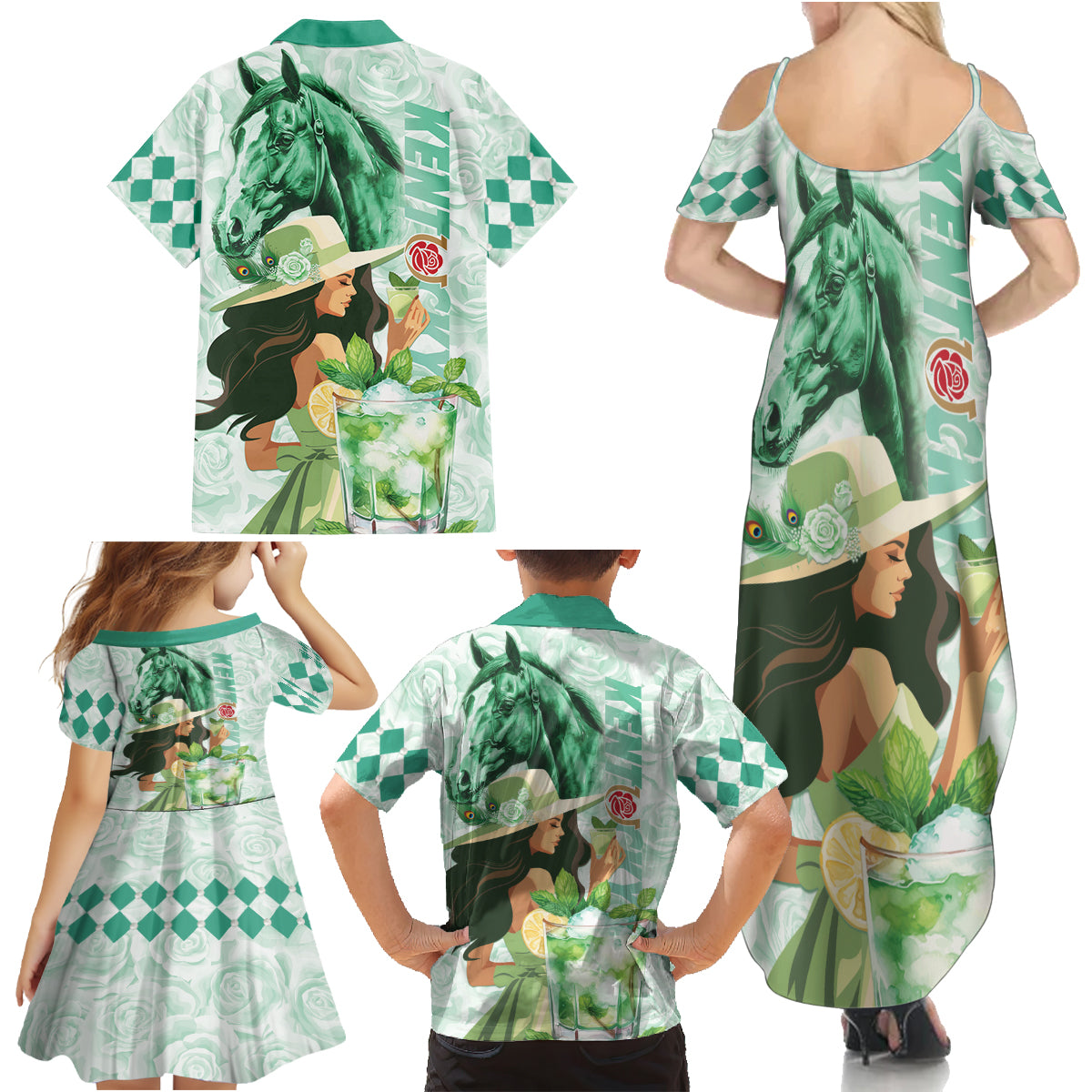 Kentucky Horse Racing Family Matching Summer Maxi Dress and Hawaiian Shirt Fancy Lady With Derby Mint Julep Cocktail - Wonder Print Shop
