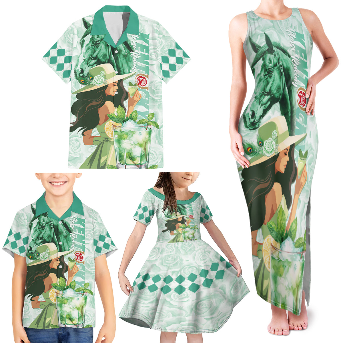 Kentucky Horse Racing Family Matching Tank Maxi Dress and Hawaiian Shirt Fancy Lady With Derby Mint Julep Cocktail - Wonder Print Shop