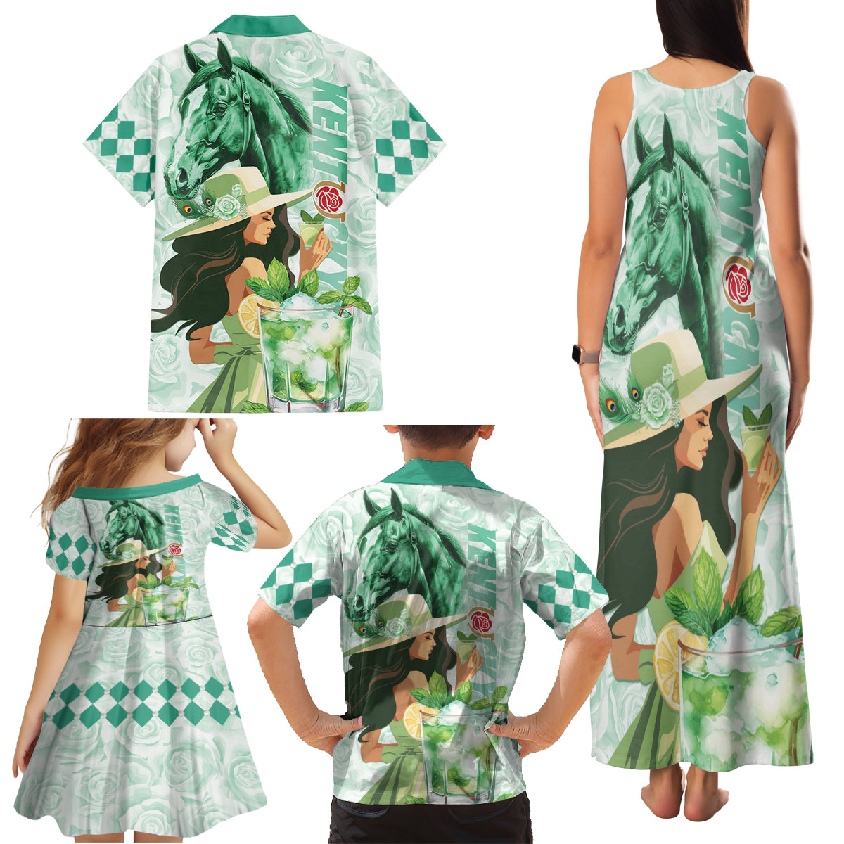 Kentucky Horse Racing Family Matching Tank Maxi Dress and Hawaiian Shirt Fancy Lady With Derby Mint Julep Cocktail - Wonder Print Shop