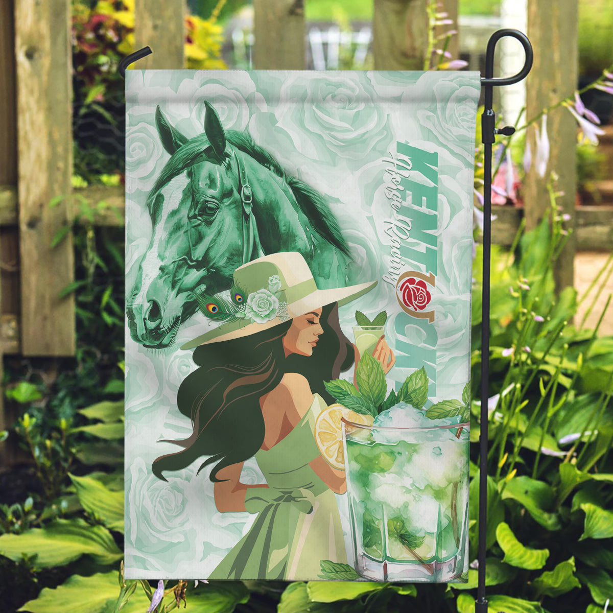 Kentucky Horse Racing Garden Flag Fancy Lady With Derby Mint Julep Cocktail - Wonder Print Shop