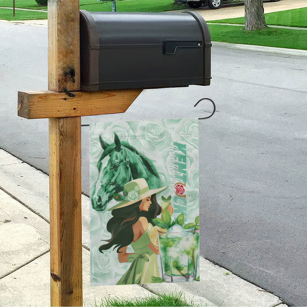 Kentucky Horse Racing Garden Flag Fancy Lady With Derby Mint Julep Cocktail - Wonder Print Shop