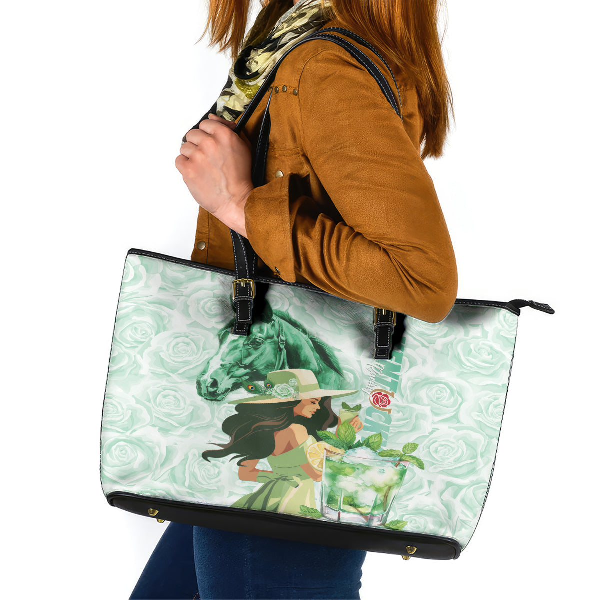 Kentucky Horse Racing Leather Tote Bag Fancy Lady With Derby Mint Julep Cocktail
