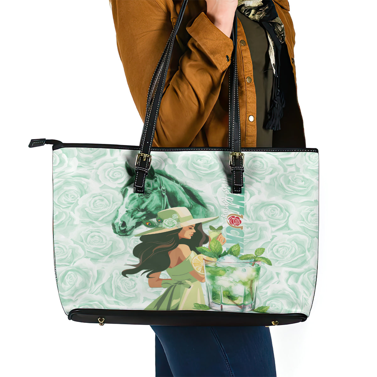 Kentucky Horse Racing Leather Tote Bag Fancy Lady With Derby Mint Julep Cocktail - Wonder Print Shop