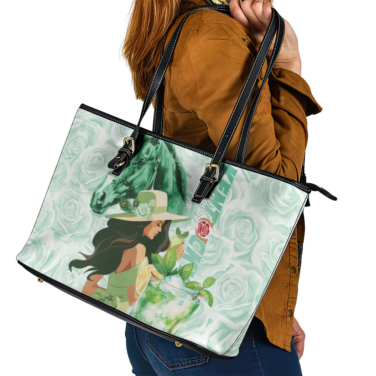 Kentucky Horse Racing Leather Tote Bag Fancy Lady With Derby Mint Julep Cocktail - Wonder Print Shop
