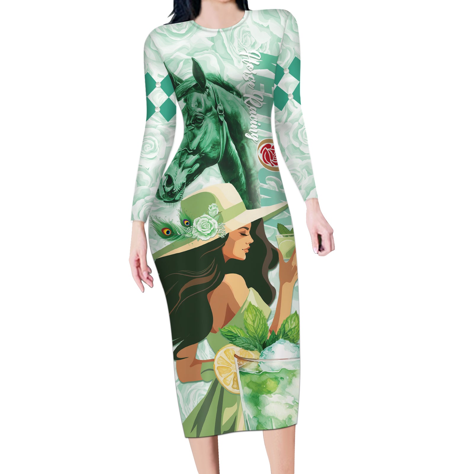 Kentucky Horse Racing Long Sleeve Bodycon Dress Fancy Lady With Derby Mint Julep Cocktail - Wonder Print Shop