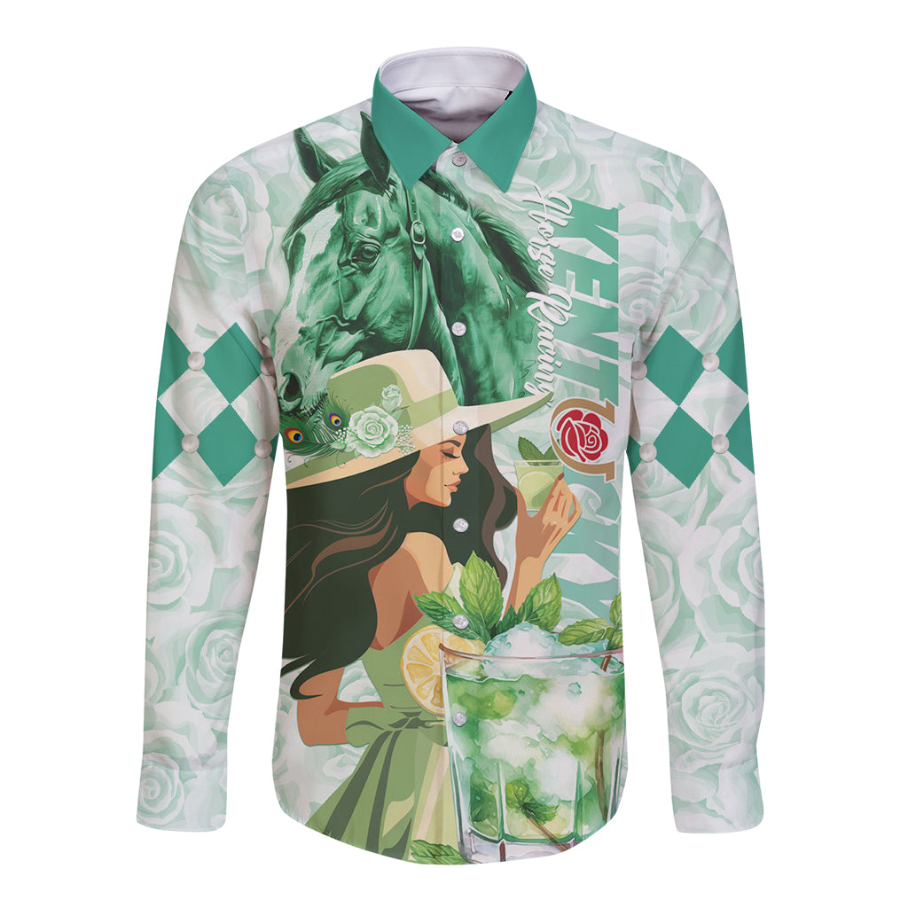 Kentucky Horse Racing Long Sleeve Button Shirt Fancy Lady With Derby Mint Julep Cocktail - Wonder Print Shop