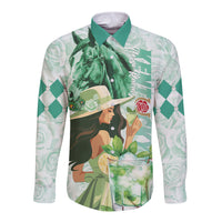 Kentucky Horse Racing Long Sleeve Button Shirt Fancy Lady With Derby Mint Julep Cocktail - Wonder Print Shop