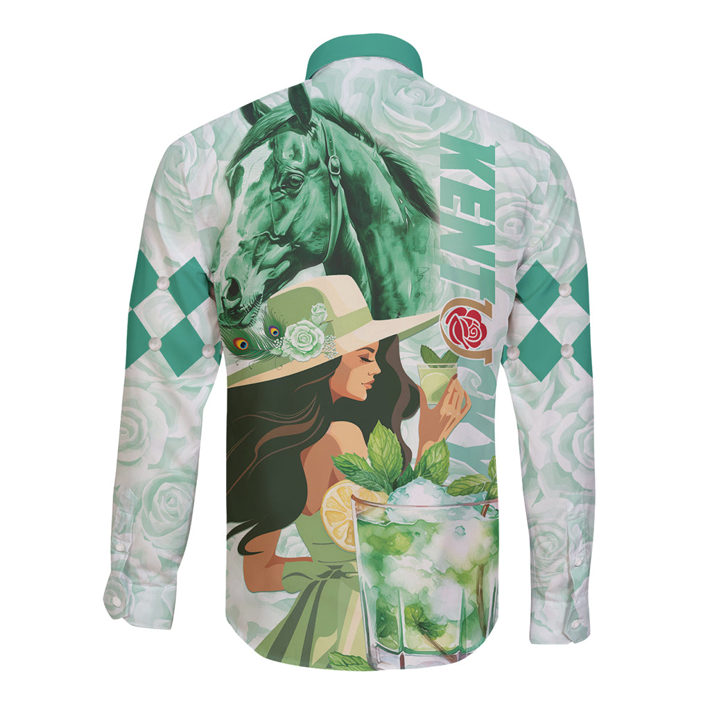 Kentucky Horse Racing Long Sleeve Button Shirt Fancy Lady With Derby Mint Julep Cocktail - Wonder Print Shop