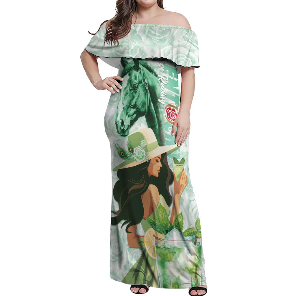 Kentucky Horse Racing Off Shoulder Maxi Dress Fancy Lady With Derby Mint Julep Cocktail - Wonder Print Shop