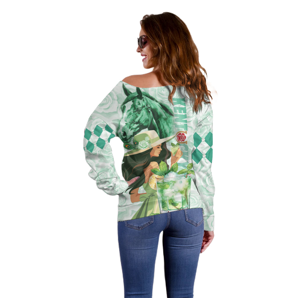 Kentucky Horse Racing Off Shoulder Sweater Fancy Lady With Derby Mint Julep Cocktail - Wonder Print Shop