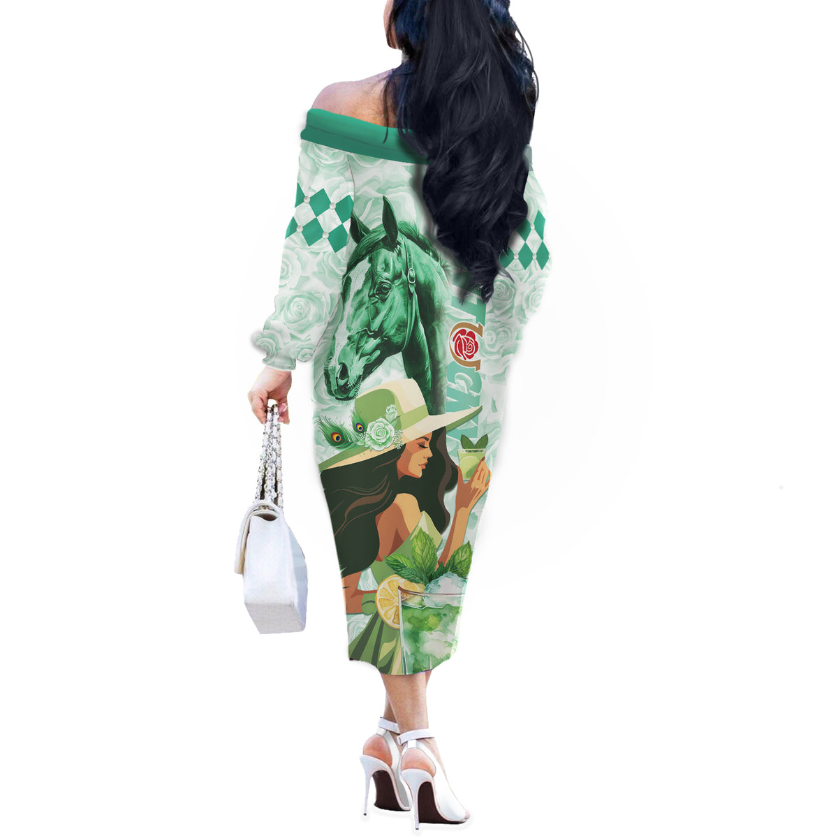 Kentucky Horse Racing Off The Shoulder Long Sleeve Dress Fancy Lady With Derby Mint Julep Cocktail - Wonder Print Shop