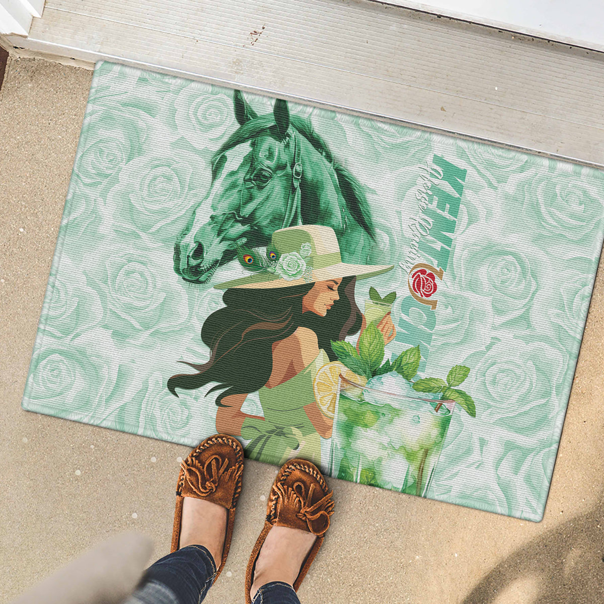 Kentucky Horse Racing Rubber Doormat Fancy Lady With Derby Mint Julep Cocktail - Wonder Print Shop