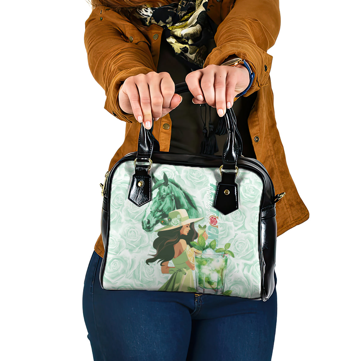 Kentucky Horse Racing Shoulder Handbag Fancy Lady With Derby Mint Julep Cocktail