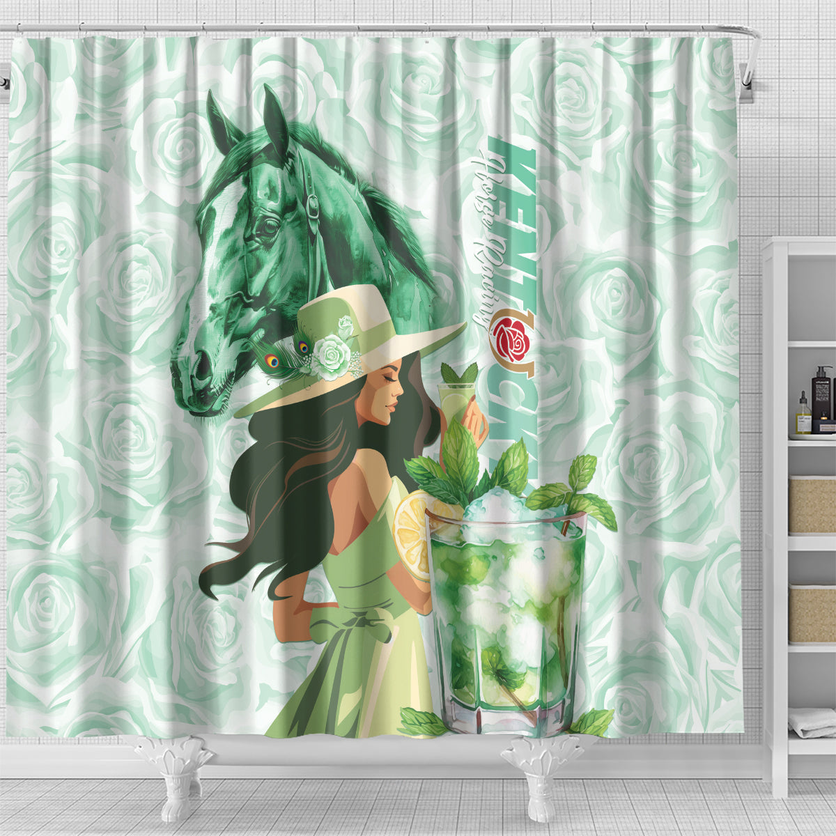 Kentucky Horse Racing Shower Curtain Fancy Lady With Derby Mint Julep Cocktail