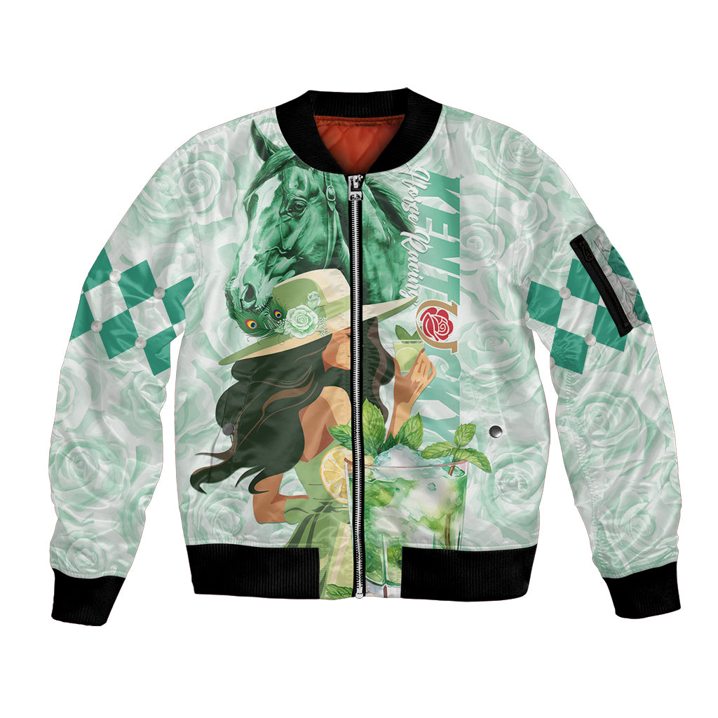 Kentucky Horse Racing Sleeve Zip Bomber Jacket Fancy Lady With Derby Mint Julep Cocktail - Wonder Print Shop
