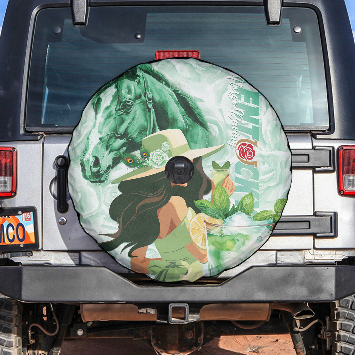 Kentucky Horse Racing Spare Tire Cover Fancy Lady With Derby Mint Julep Cocktail